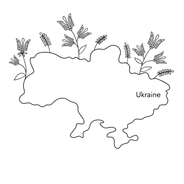 Stylized outline of Ukraine. Blooming country with coats of arms in the form of flowers. Vector illustration