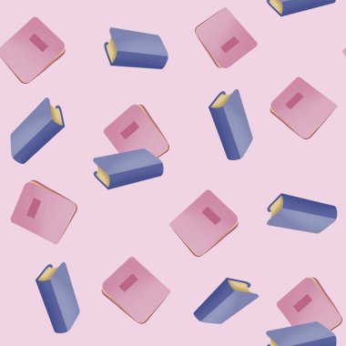 Pembe arka planda hassas bir desen. Okul teması. Ders kitabı ve defter.