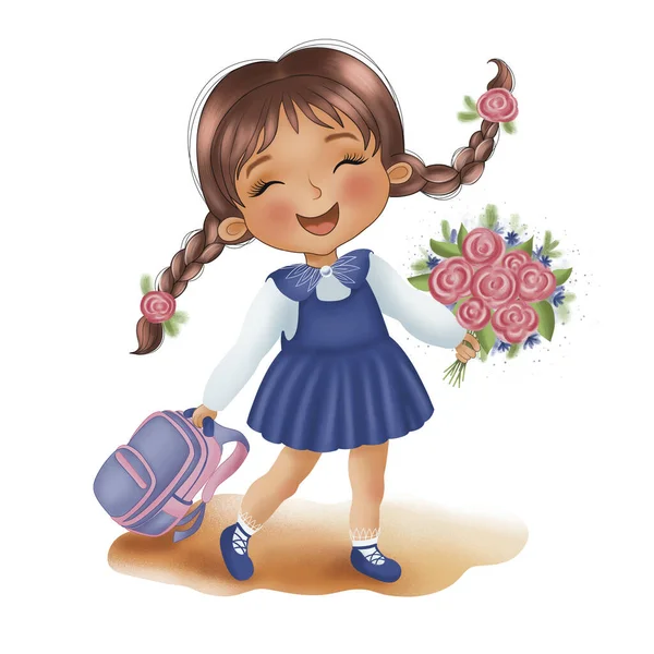 Cute Schoolgirl Goes School She Carries Her New Briefcase Bouquet — Stockfoto