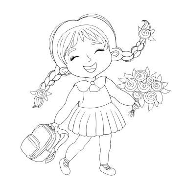 Neşeli liseli kız okula koşuyor. Çocuklar için boyama kitabı. Vektör illüstrasyonu