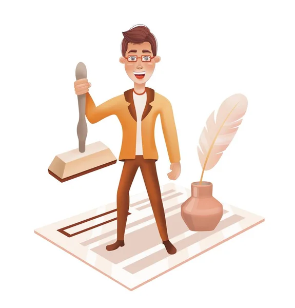 A cute notary stands on a document. A man holds a large stamp in his hand. Next to him is an inkwell and a pen.