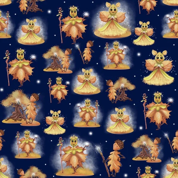 Seamless pattern on an autumn theme on a blue background. Maple leaf, oak leaf and linden blossom characters.