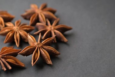 Siyah yüzeyde seçici odaklı yıldız anason baharatı ve kopyalama alanı. Ayrıca staranise, yıldız anason tohumu, yıldız anason tohumu olarak da bilinir. Illicium verum bitkisinin meyvesinin tohum kapsülü..