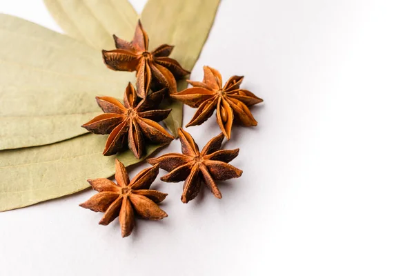 Yıldız anason kurutulmuş baharatlar tarçın tamla kuru yaprakları ile beyaz arka planda fotokopi alanı ile. Kullanılan seçici odak.