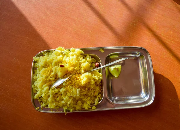 Poha Spoon Plate Sunlight Plate Table Morning Time Indian Breakfast —  Fotos de Stock