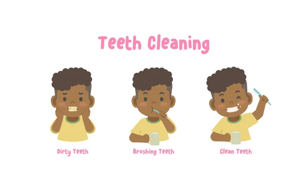 Adım Siyah Bir Çocuk Diş Fırçasıyla Dişlerini Fırçalayarak Dişlerini Temizliyor — Stok Vektör