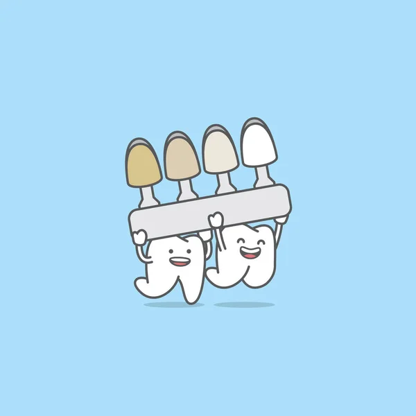 Dental Cartoon Friendly White Teeth Holding Shade Guide Teeth Color — Stock Vector