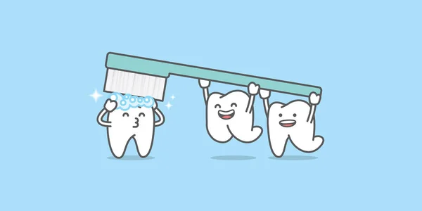 Karykatura Stomatologiczna Białego Zęba Został Czyszczenia Przez Przyjaznych Przyjaciół Zębów — Wektor stockowy