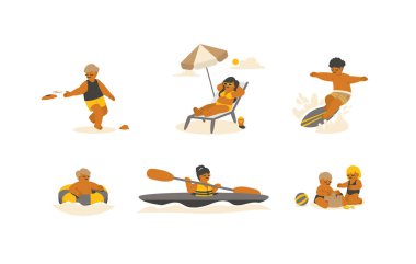 Plaj Vol.01 'e giderken insanların faaliyetleri. Frizbi, güneş banyosu, sörf, kano, swimimg ring, beyaz arkaplanda kum yığını çizim vektörü.