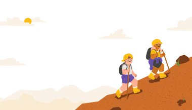 Arkadaş veya çift olan bir erkek ve bir kadın boş zamanlarında yürüyüş yapmak ve mesajlaşmak için boş alanlarına gelirler. beyaz arkaplanda çizgi film illüstrasyon vektör pankartı