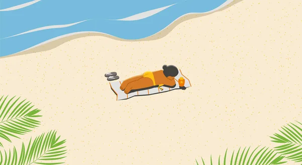 Donna Sdraiata Sulla Spiaggia Rilassa Prendere Sole Ricaricarsi Lontano Dalle — Vettoriale Stock