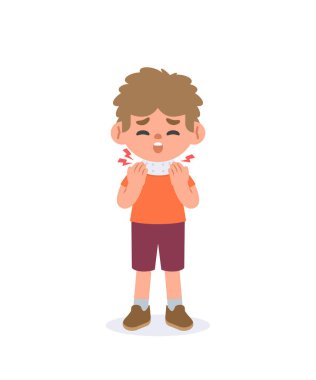 Bir adamın boynu ağrıyordu, tedaviye gitti ve boynu sabitlendi. Beyaz arkaplanda illüstrasyon vektör çizgi film karakteri tasarımı. Tıbbi konsept.