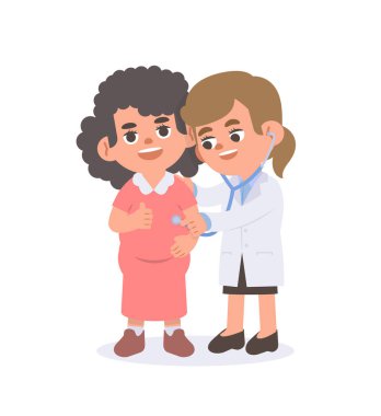 Hamile bir doktor kadın doktoru kontrol ediyor. Beyaz arkaplanda illüstrasyon vektör çizgi film karakteri tasarımı. Tıbbi konsept.