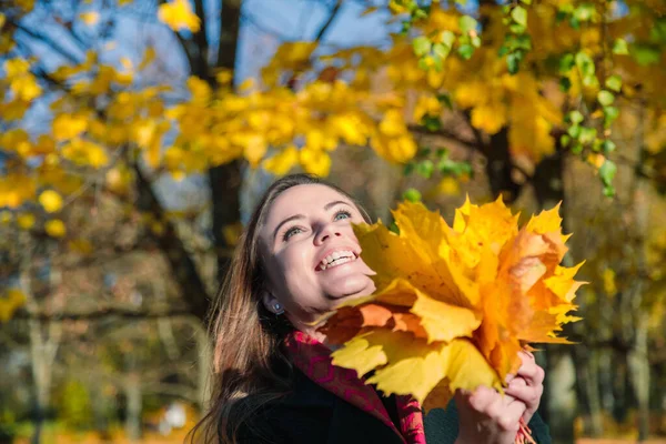 Kobieta Długimi Włosami Raduje Się Żółtym Bukiecie Listowia Autumn Parku — Zdjęcie stockowe