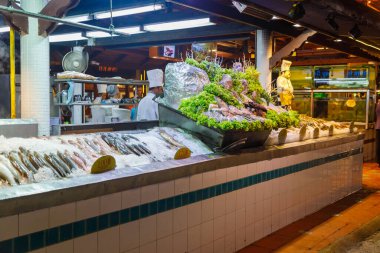 Fresh fish in a cafe on Phuket street. Variety of raw seafood for lunch. Thailand Phuket, 13 September 2018