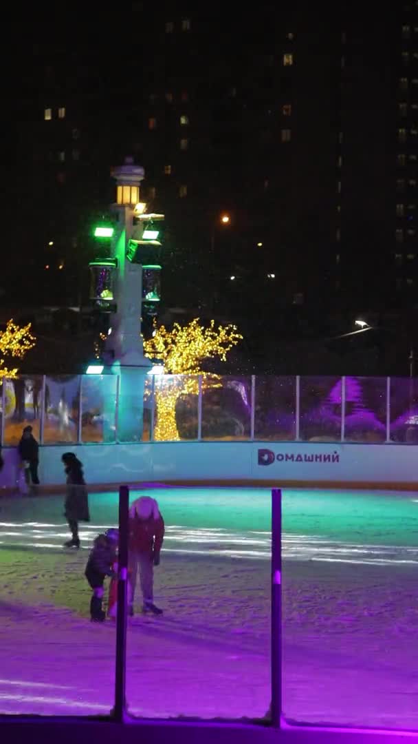 As pessoas patinam à noite em uma pista de gelo iluminada. Uma nevasca está furiosa e a neve está a cair. Zelenograd, Rússia 28.01.2022 — Vídeo de Stock