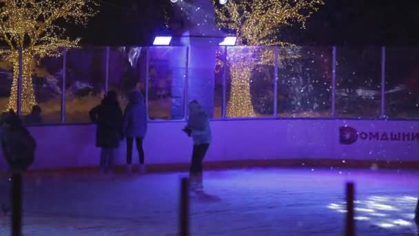 Die Leute Laufen Abends Auf Einer Beleuchteten Eisbahn Schlittschuh Ein — Stockvideo