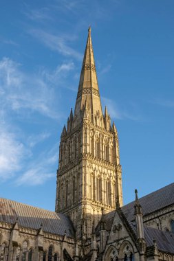 Salisbury, Wiltshire, İngiltere, İngiltere. 2021 yılı. Salisbury Katedrali, Britiain 'deki en yüksek kule 404 feet yüksekliğinde..