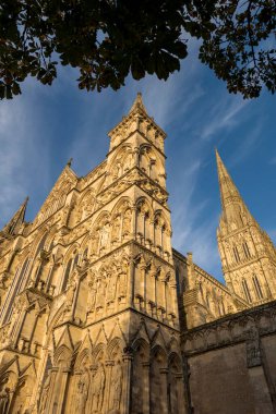 Salisbury, Wiltshire, İngiltere, İngiltere. 2021 yılı. Salisbury Katedrali akşam ışığı ve mavi gökyüzüyle görüldü. Bu kule İngiltere 'nin en yüksek ve en yüksek kulesi..