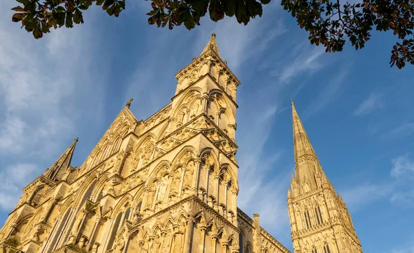 英国威尔特郡索尔兹伯里2021年 索尔兹伯里大教堂 明亮的晚霞和蔚蓝的天空映入眼帘 — 图库照片