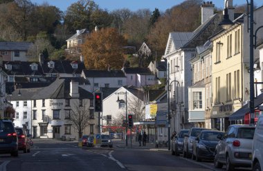 Oakhampton, Devon, England, UK. 2021.  The main street in Oakhampton a historic Devonshire town close to Dartmoor.