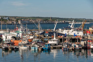 Newlyn Limanı, Penzance, Cornwall, İngiltere. 2022 yılı. Ticari balıkçı tekneleri ve eğlence gemileri Newlyn Limanı 'nda.,
