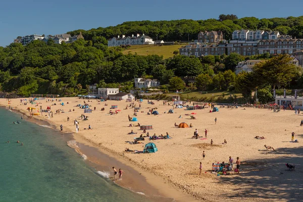 St Ives, Cornwall, England, UK. 2022. Overview of the sandy beach at Porthminster, St Ives aa popular English holiday resort.