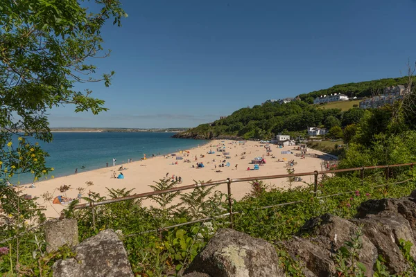 St Ives, Cornwall, England, UK. 2022. Overview of the sandy beach at Porthminster, St Ives aa popular English holiday resort.