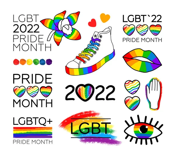 Büyük LGBT Gurur Ayı 2022. LGBT bayrak fırça darbesi, logolar, semboller ve çıkartmalar. İnsan hakları ve hoşgörü. Vektör illüstrasyonu beyaz arkaplanda izole edildi.