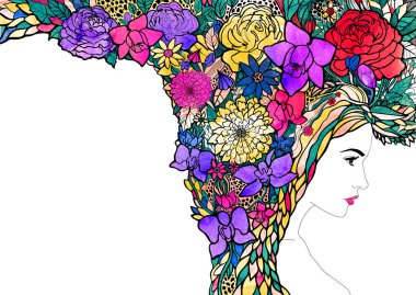 Yazlık kız. Fantezi parlak renkli çizim. Güzel bir kadının portresi. Yaprakların ve çiçeklerin saç stili. Bir dergi, broşür, kartpostal veya kitap için kapak ve arka sayfa.