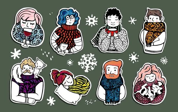 Big Set Cute Stickers Different People Warm Clothes Christmas Elements — Stock Photo, Image