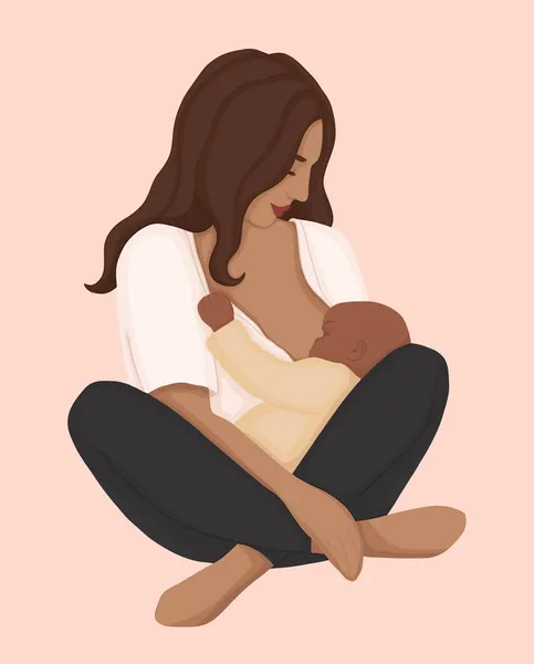 一个女人用母乳喂她的新生婴儿 柔和的平面插图 招贴画 明信片 杂志或书籍封面 母乳喂养支助 — 图库照片