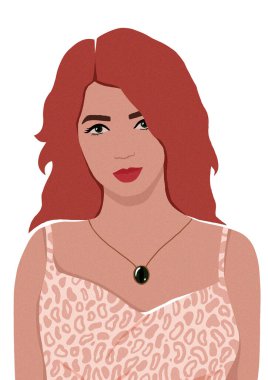 Leopar desenli bluz giymiş kızıl saçlı güzel bir kızın portresi. Modern pembe düz çizim. Bir kartpostal için, 8 Mart için bir poster..