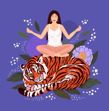 Bir kız yoga yapıyor, bir kaplanın üzerinde otururken mor yapraklar ve çiçeklerden oluşan bir arka planda. 2022 'nin sembolü. Kartpostal, poster, kitap kapağı için modern düz çizimler. 2022 Yılı Rengi