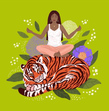 Kız yoga yapıyor, yapraklar ve çiçeklerden oluşan bir arka planda bir kaplanın üzerinde oturuyor. 2022 'nin sembolü. Kartpostal, poster, kitap kapağı için modern vektör düz illüstrasyon.