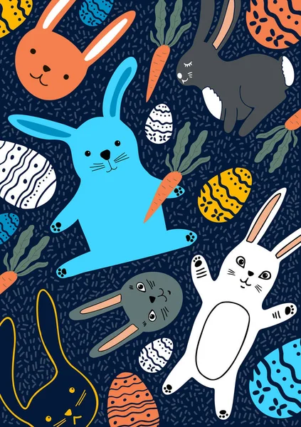 Feliz Postal Pascua Ilustración Plana Con Conejos Huevos Pascua — Archivo Imágenes Vectoriales