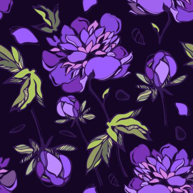 Koyu arkaplanda mor şakayıklar var. Arkaplan, duvar kağıdı, ambalaj kağıdı, kumaş ve tekstil için güzel kusursuz desen.