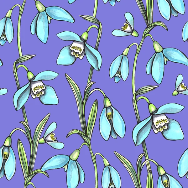 Watercolor Snowdrops Spring Floral Seamless Pattern — Stock Vector