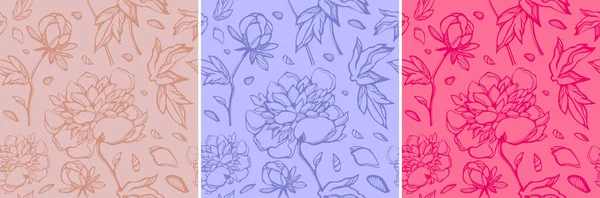 一套精致无缝的牡丹花叶花纹 — 图库矢量图片