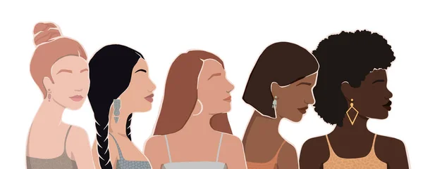 Conjunto Mulheres Diferentes Grupos Étnicos Juntas Vetor Moderna Ilustração Plana —  Vetores de Stock