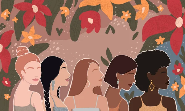 Raparigas Raças Diferentes Juntas Ilustração Plana Moderna Com Flores Folhas — Vetor de Stock