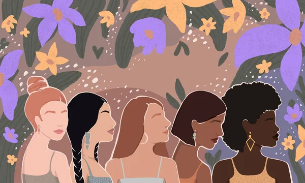 多様な女性が一緒に 葉と花の抽象的なベクトル図 — ストックベクタ