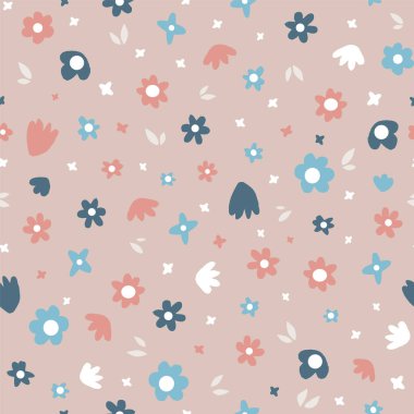Şirin çizilmiş çiçeklerin kusursuz vektör deseni. Bebek kıyafetleri, kartpostallar, ambalaj kağıtları, duvar kağıtları için yumuşak düz çizimler.