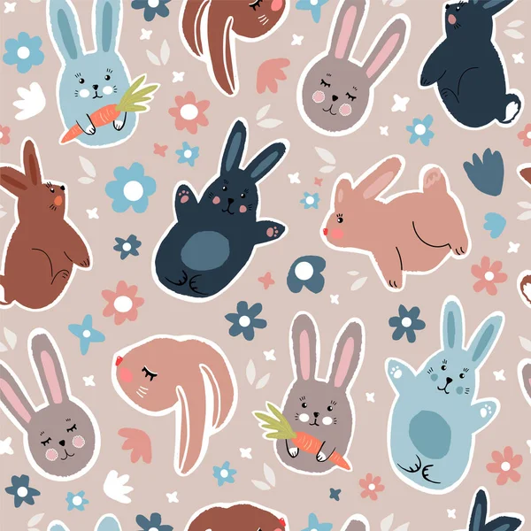 Patrón Vector Sin Costuras Lindos Conejos Dibujados Flores Tierna Ilustración — Archivo Imágenes Vectoriales