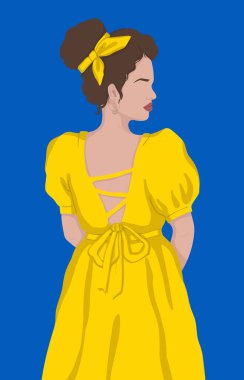 Beautiful young woman in a yellow dress on a blue background. Vector flat illustration