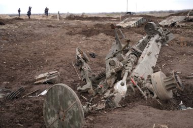 Broken Russian tank. Blown up by troops. War in Ukraine. Demining of Ukrainian territories