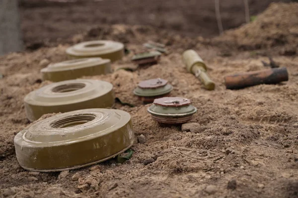 Demining Troops Territory Many Mines Shells Artillery Grenades Fragmentation Grenades — Foto Stock