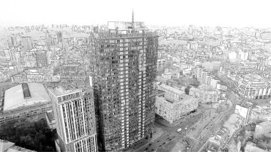 Kyiv şehrinin mimarisi bir kalem çizimiyle yapılır. İş merkezi, bina. Ukrayna, iş kavramı