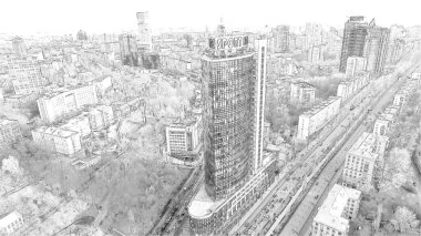 Kyiv şehrinin mimarisi bir kalem çizimiyle yapılır. İş merkezi, bina. Ukrayna, iş kavramı