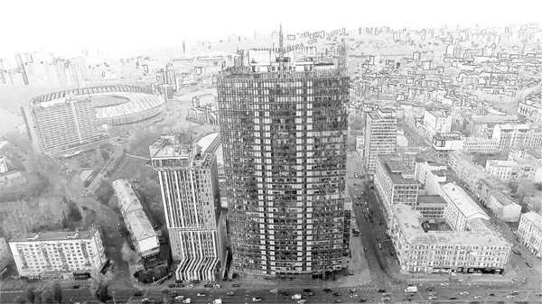 Arquitectura Ciudad Kiev Hace Con Dibujo Lápiz Centro Negocios Edificio —  Fotos de Stock